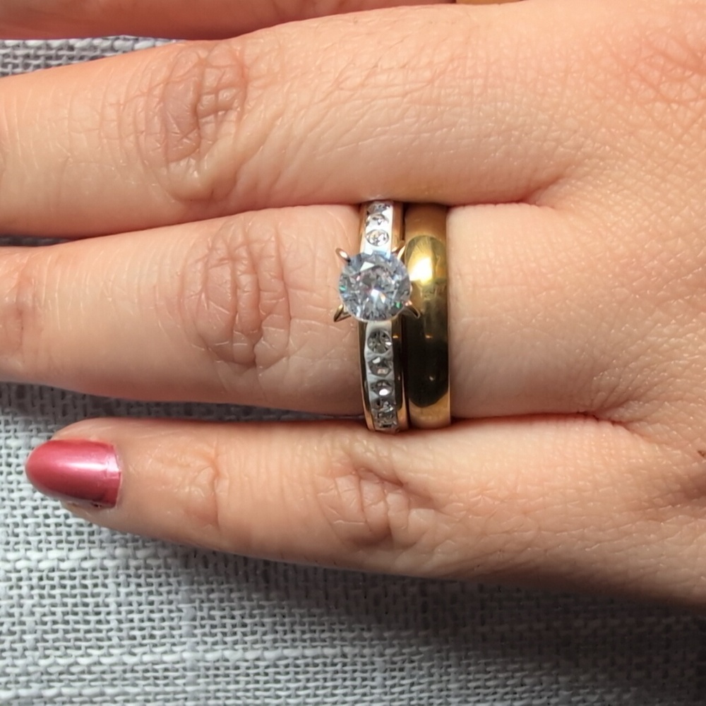 Elegant Gold Stainless Steel CZ Women's Ring Set